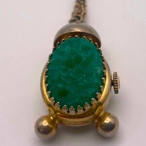 Rare Vintage Handmade Wind Up Gold Toned Jade Necklace Waltham Watch Pendant